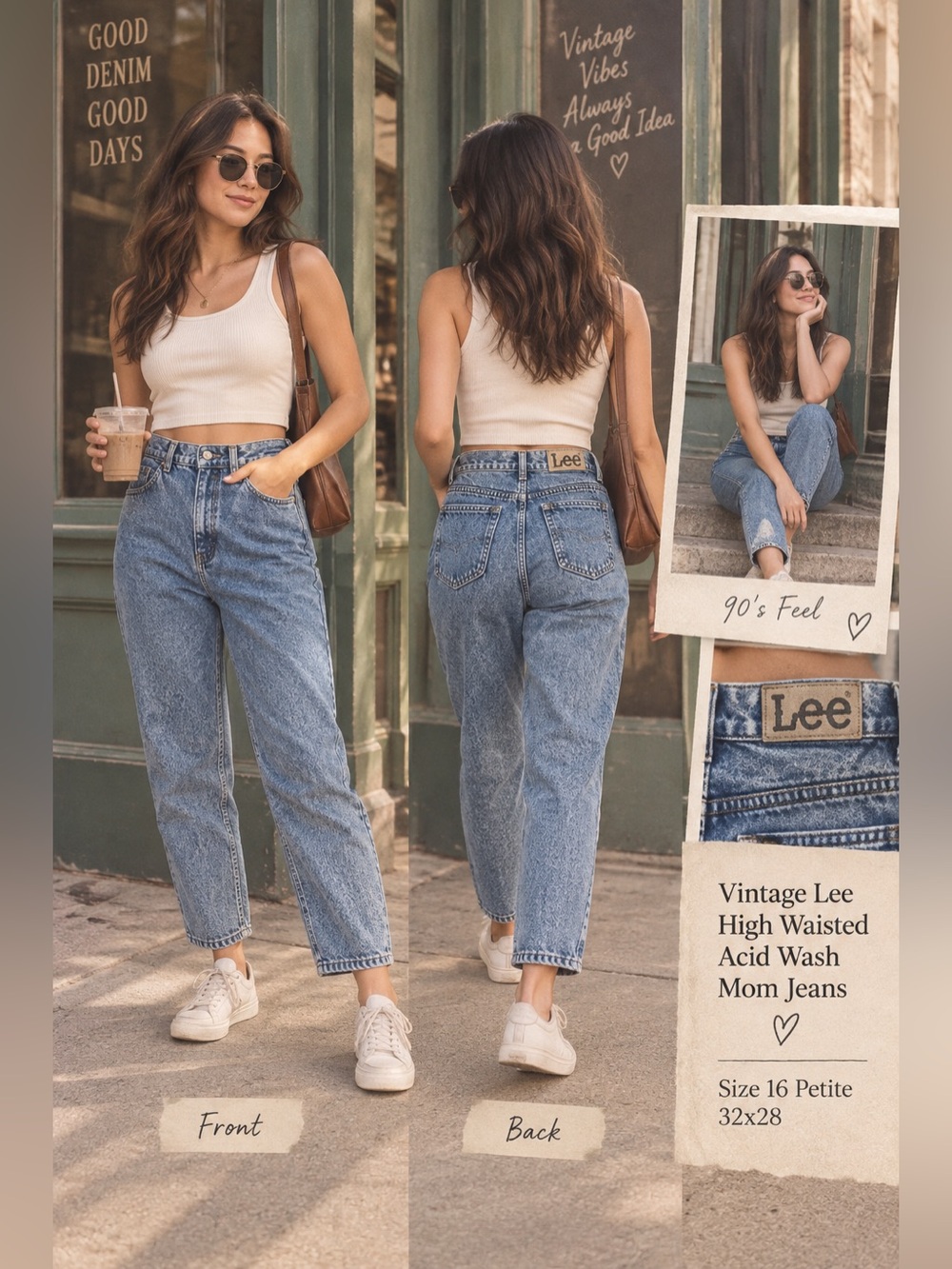 Vintage Lee High Waisted Acid Wash Mom Jeans Size 16 Petite 32x28